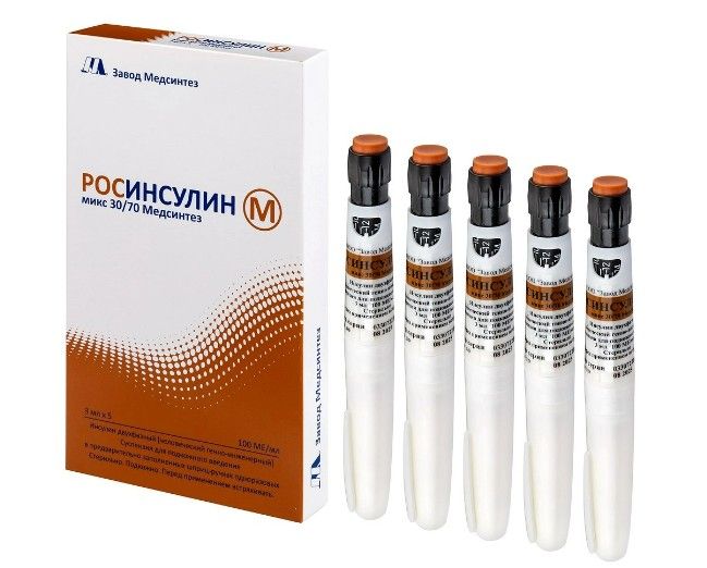 Росинсулин М микс 30/70 + шприц-ручка, 100 МЕ/мл, суспензия для подкожного введения, 3 мл, 5 шт.