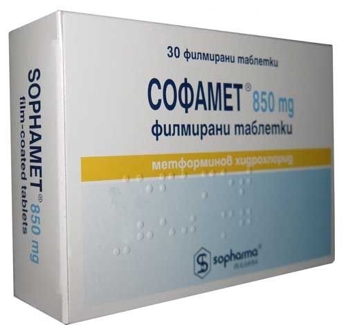 Софамет, 850 мг, таблетки, покрытые пленочной оболочкой, 30 шт.