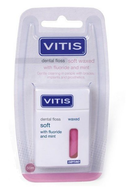 Vitis Waxed Dental Floss FM Нить межзубная мятная, нить зубная, розовая, 1 шт.