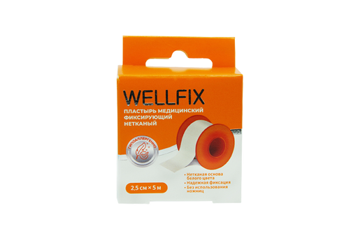 Wellfix Пластырь фиксирующий, 2,5см х 5м, нетканая основа, 1 шт.